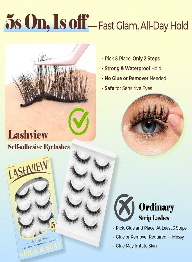 LASHVIEW Self Adhesive Eyelashes, 5 Pairs Natural Look Press On Lashes No Glue Need Eyelashes Reusable Cat Eye Wispy Self-adhesive False Lashes with Replacement Adhesive Strips (C01) - Image 4